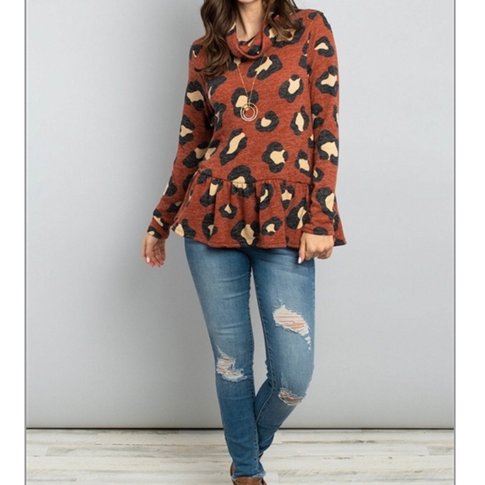 NWT Leopard Print Cowl Neck Top Ruffle Hem - Picture 2 of 10